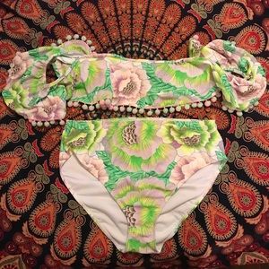 Boohoo Neon Green and Purple Flower Pom Pom Bikini